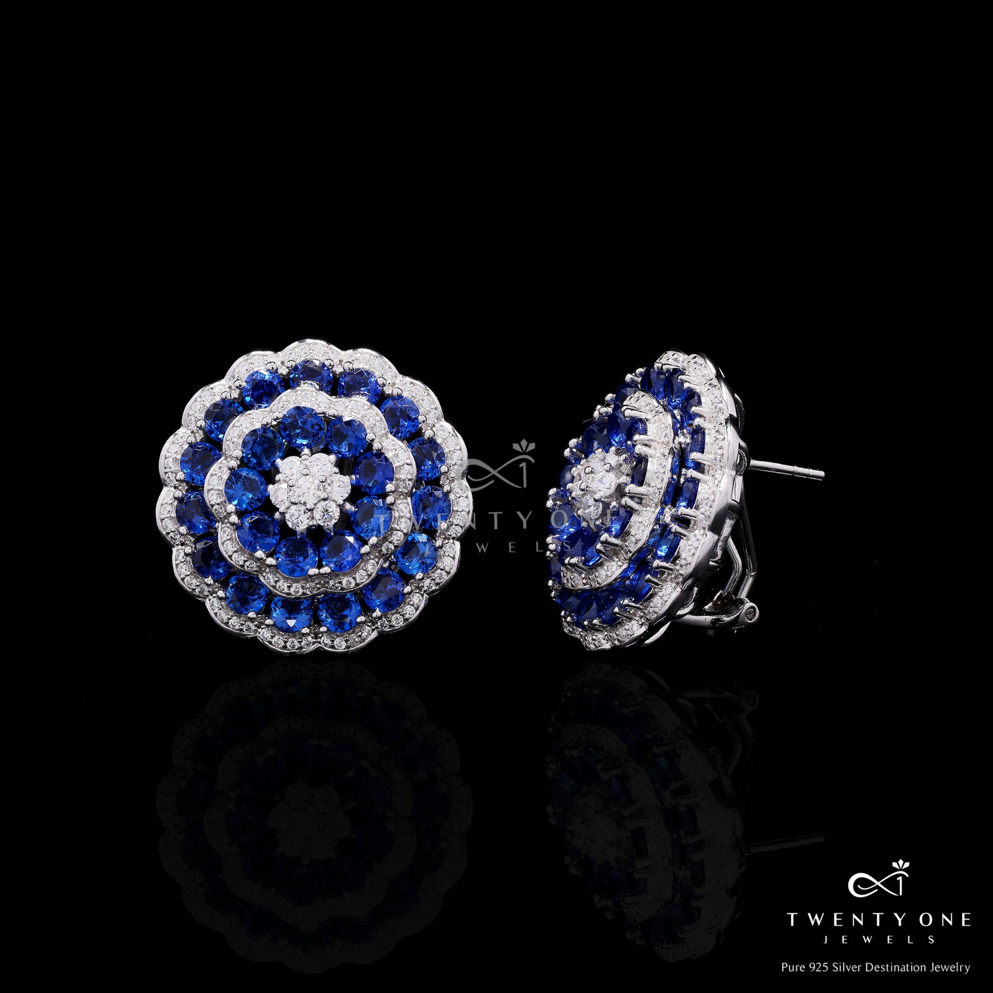 Ultra Premium Blue Sapphire Layered Floral Tressy Earrings on Pure 925 Silver