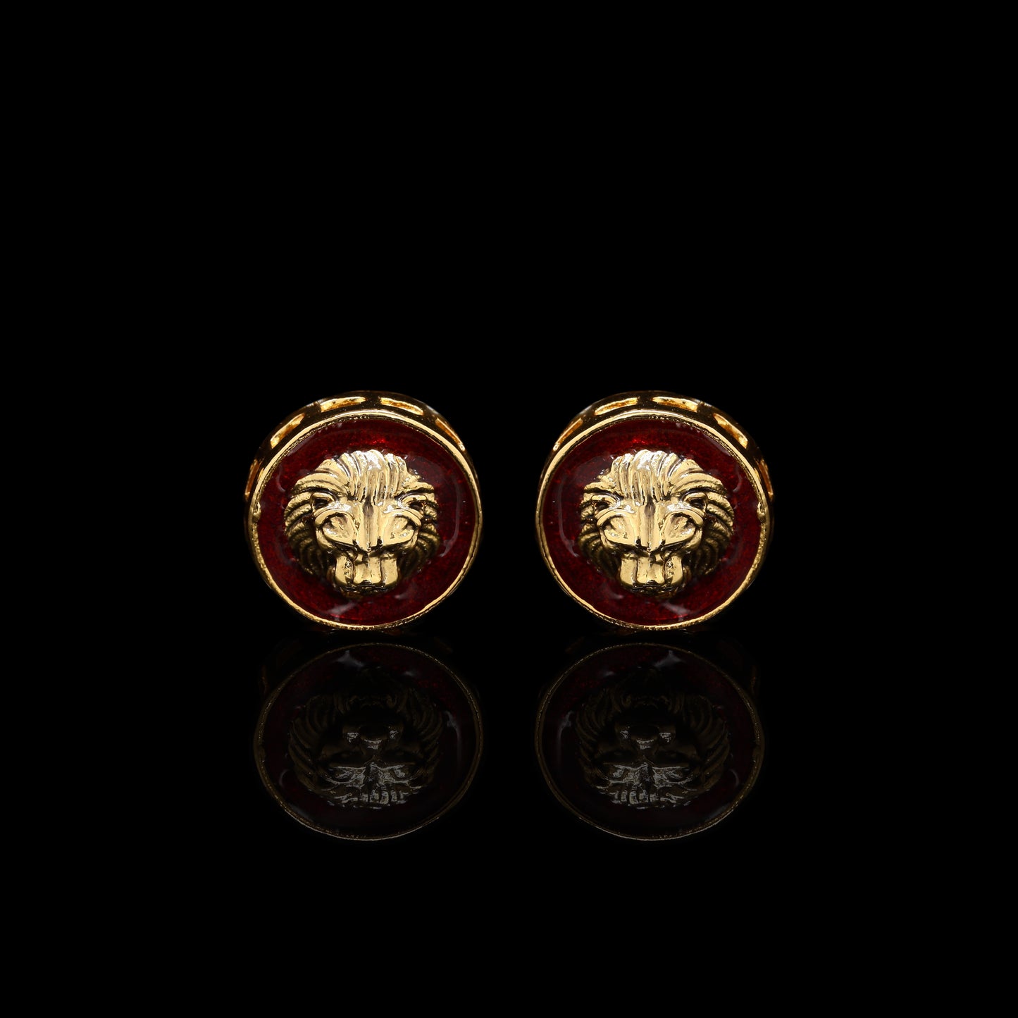 Red Enamel Lion Face Gold Finish Mens Cuff Link Pair