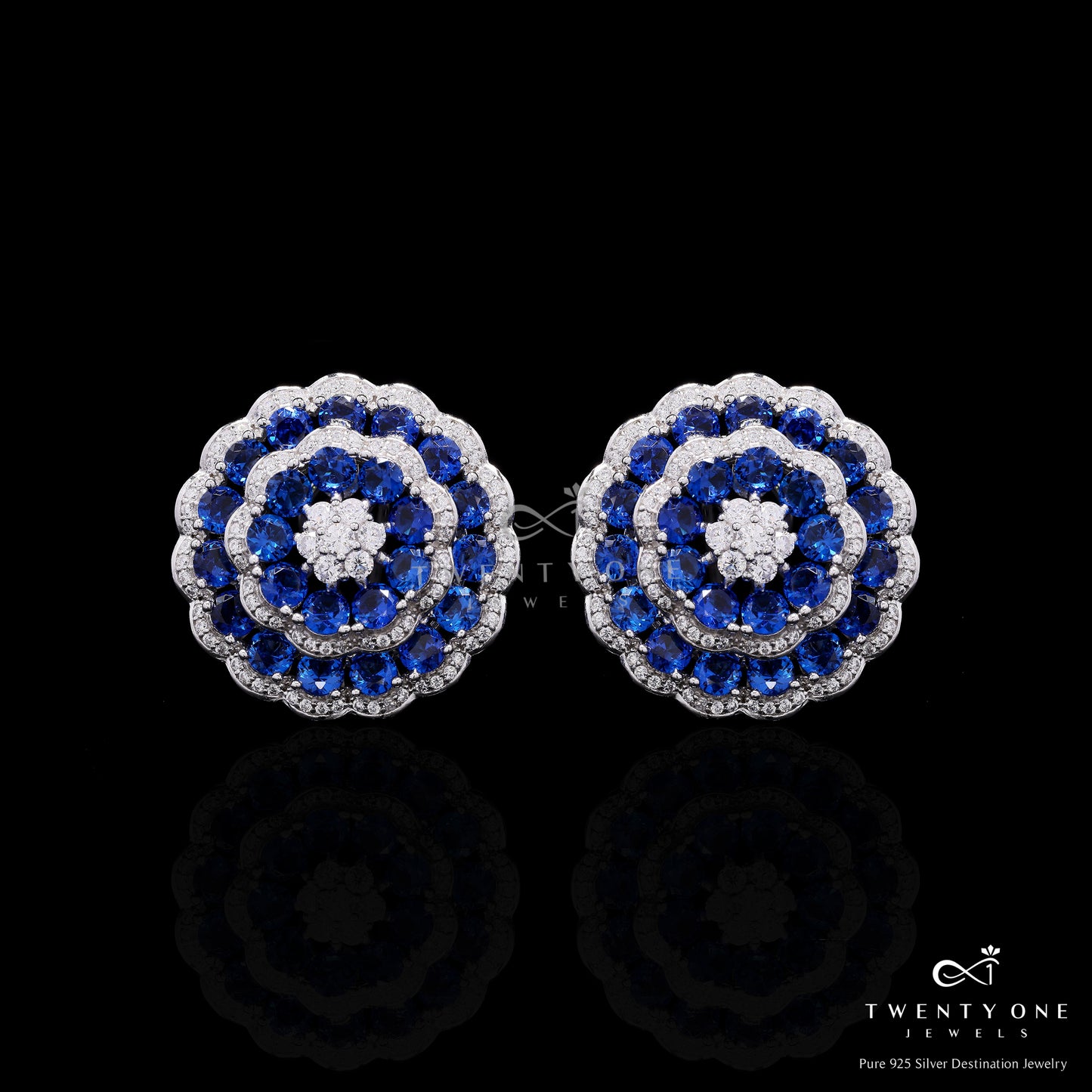Ultra Premium Blue Sapphire Layered Floral Tressy Earrings on Pure 925 Silver