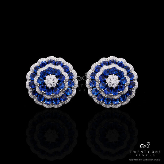 Ultra Premium Blue Sapphire Layered Floral Tressy Earrings on Pure 925 Silver