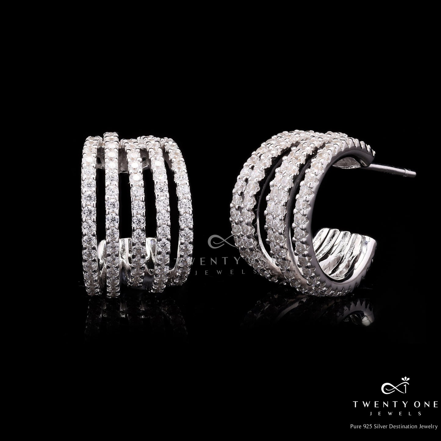 5 Line Diamond Studded Chunky Huggie Earrings on Pure 925 Silver