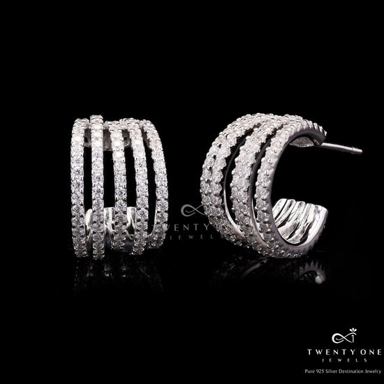 5 Line Diamond Studded Chunky Huggie Earrings on Pure 925 Silver