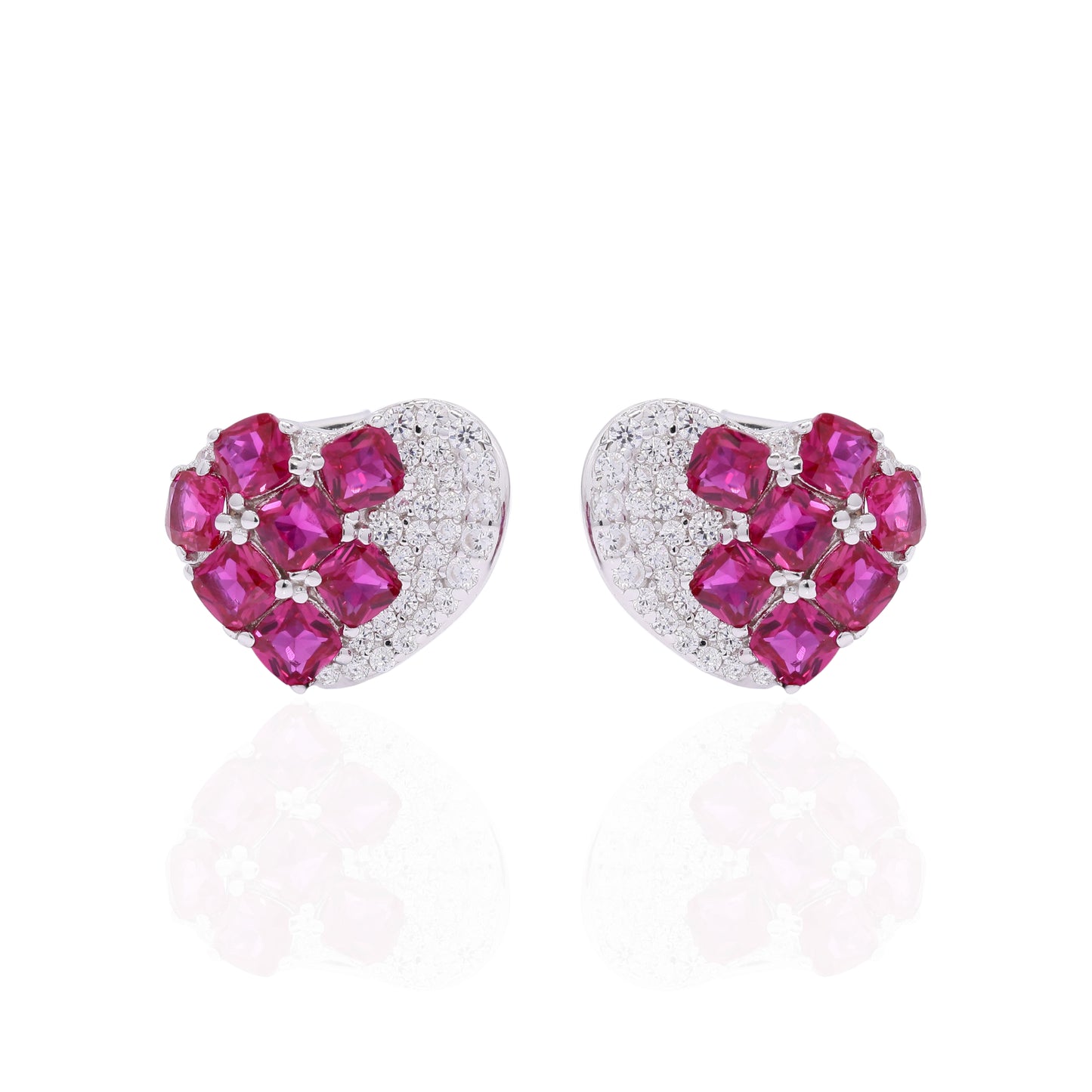 Italian Pave Setting Curvy Heart Bella Stud with Sugar Loaf Rubies on Pure 925 Silver