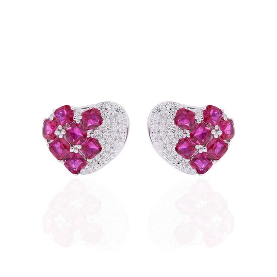 Italian Pave Setting Curvy Heart Bella Stud with Sugar Loaf Rubies on Pure 925 Silver