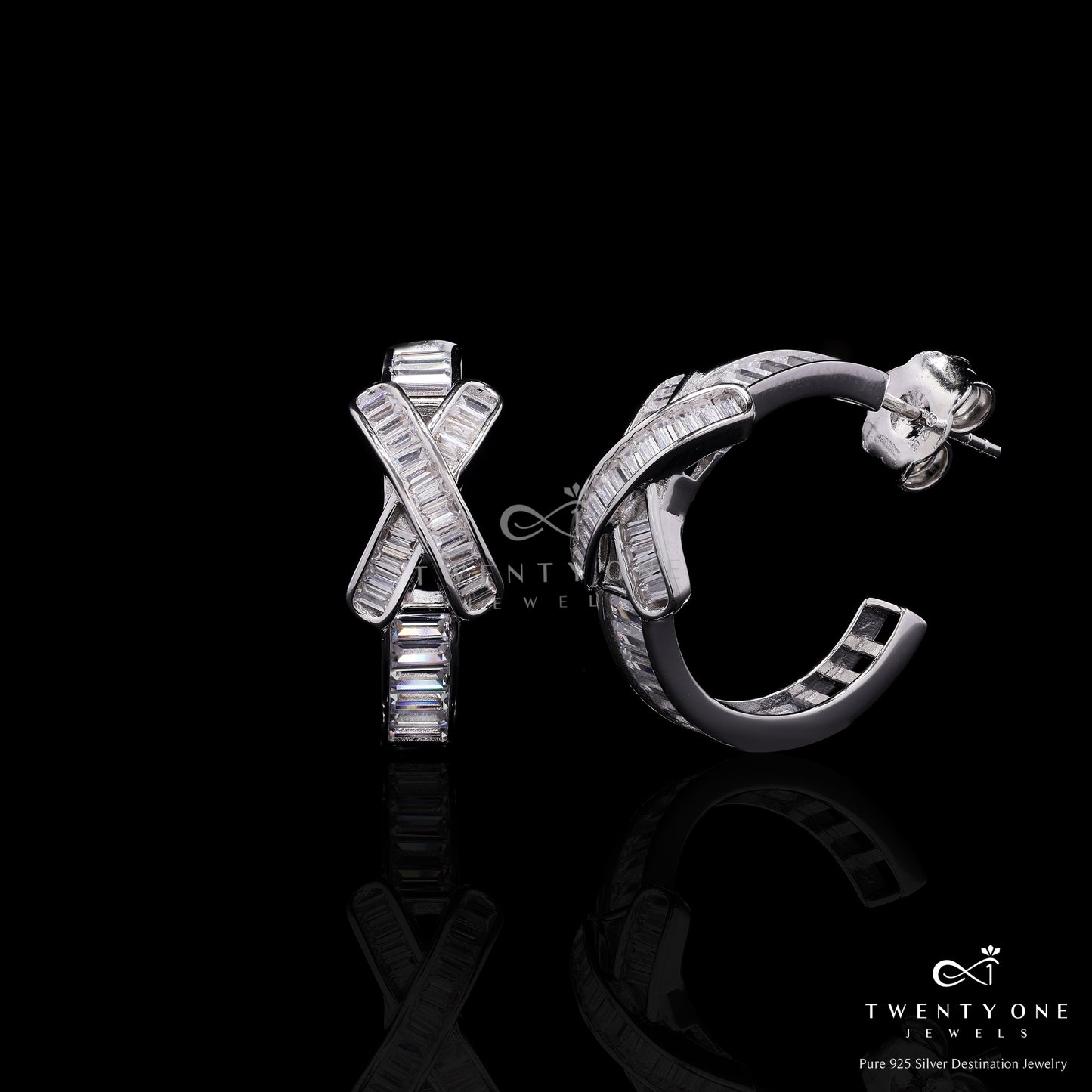 Premium American Diamond Baguette Studded Classic Cross Hoops on Pure 925 Silver