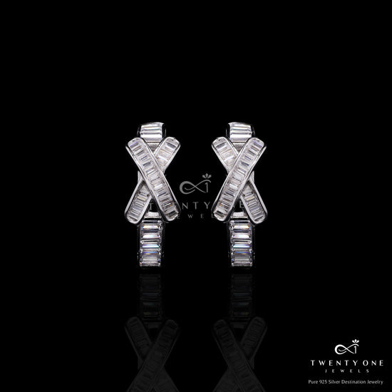 Premium American Diamond Baguette Studded Classic Cross Hoops on Pure 925 Silver