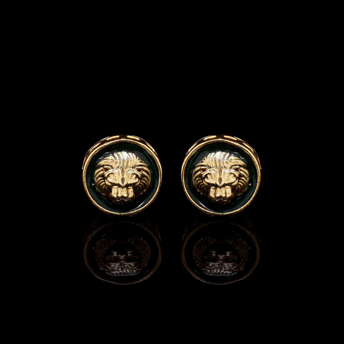 Green Enamel Lion Face Gold Finish Mens Cuff Link Pair