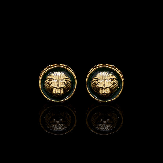 Green Enamel Lion Face Gold Finish Mens Cuff Link Pair