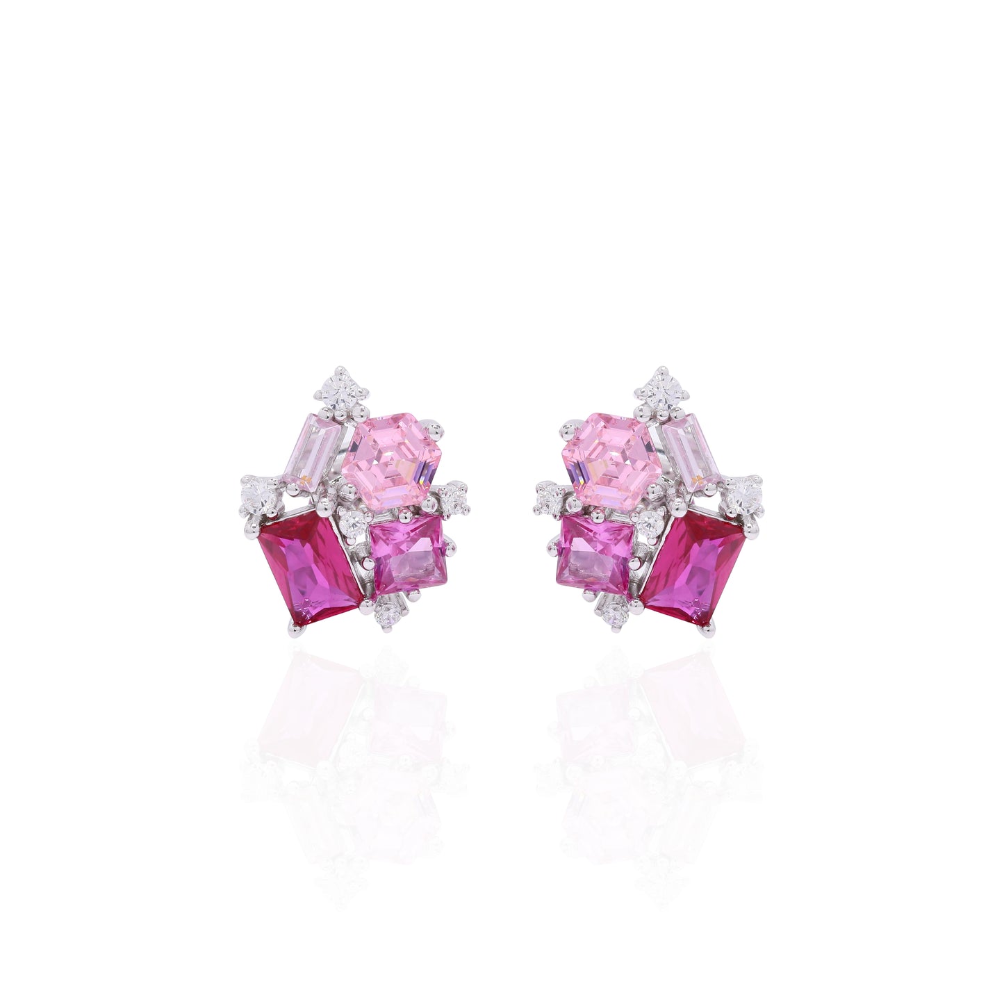 Premium Multi Shape Diamond White Gold Finish Pink Party Giva Stud Earrings on Pure 925 Silver