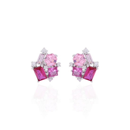 Premium Multi Shape Diamond White Gold Finish Pink Party Giva Stud Earrings on Pure 925 Silver
