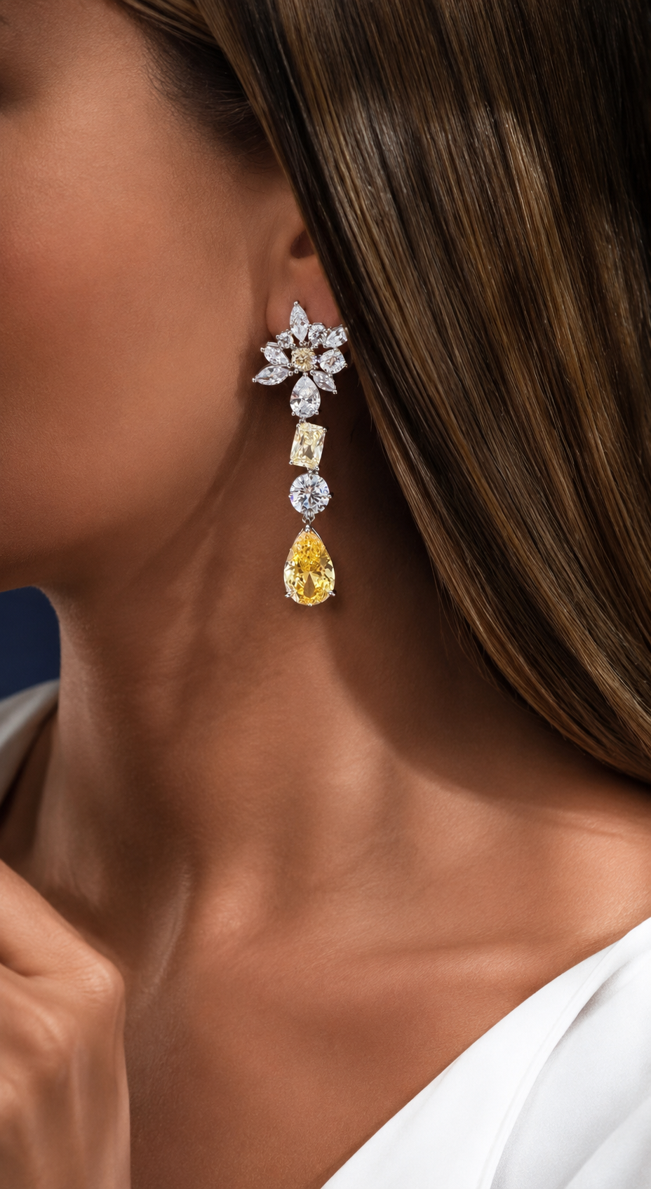 Ultra Premium Multi Shape Yellow and White Diamond Solitaire Dangler Earrings on Pure 925 Silver