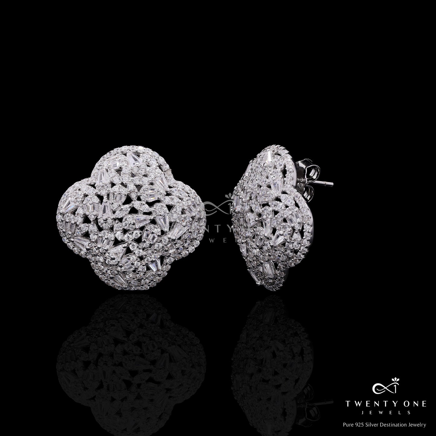 Premium Taper and and Baguette Diamond Clovia Stud Earrings on Pure 925 Silver