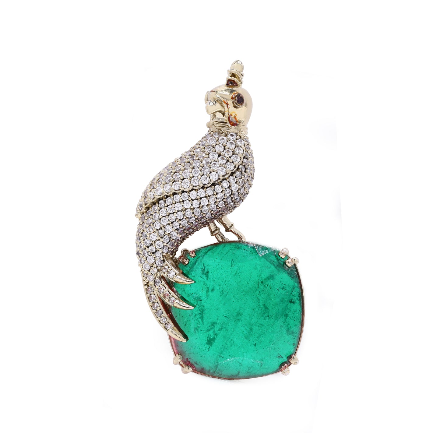 TOJ Everyday - Antique Gold Finish Micro Setting Diamond Unisex Bird Brooch for Men and Women with Emerald Detailing