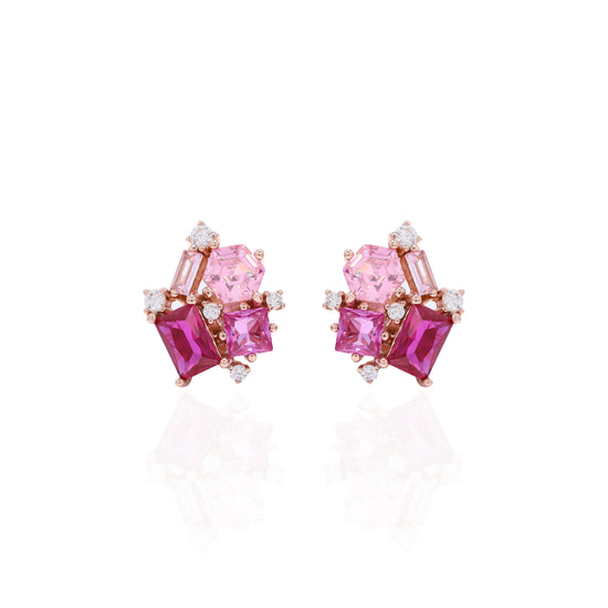 Premium Multi Shape Diamond Rose Gold Finish Pink Party Giva Stud Earrings on Pure 925 Silver