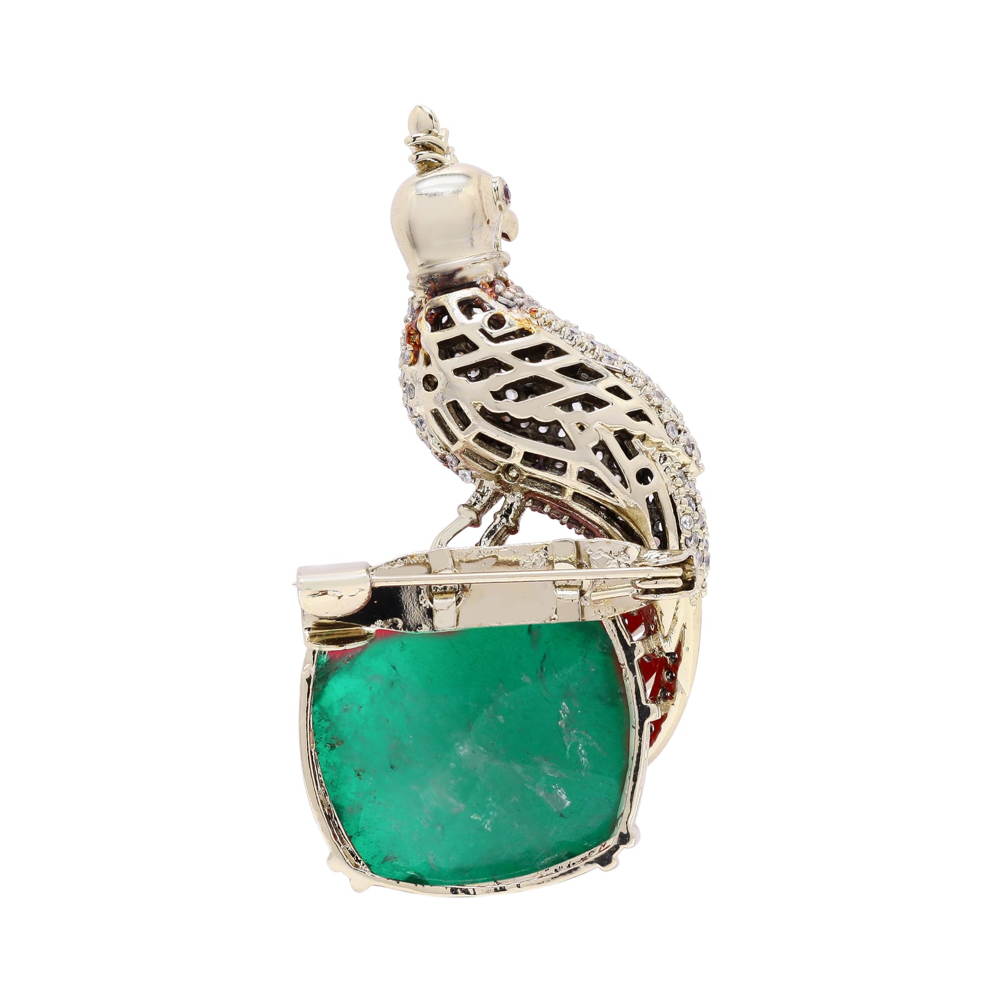 TOJ Everyday - Antique Gold Finish Micro Setting Diamond Unisex Bird Brooch for Men and Women with Emerald Detailing