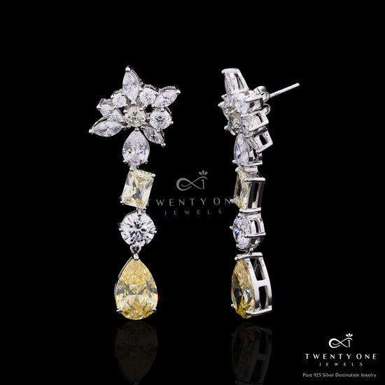 Ultra Premium Multi Shape Yellow and White Diamond Solitaire Dangler Earrings on Pure 925 Silver
