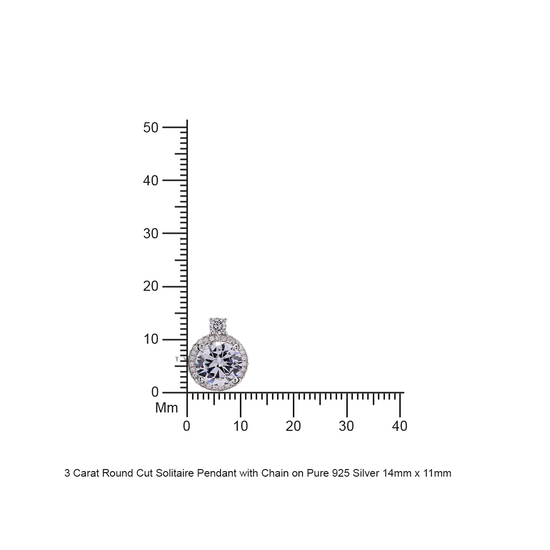 3 Carat Round Cut Solitaire Pendant with Chain on Pure 925 Silver