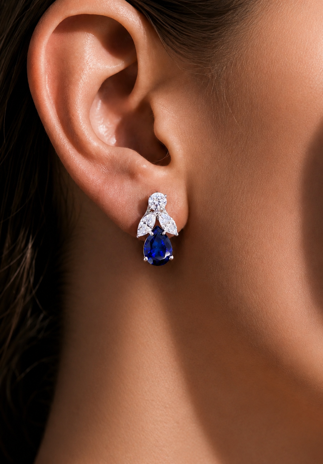 Ultra Premium Blue Sapphire Tory Earrings with Round Cut and Marquise Solitaires on Pure 925 Silver