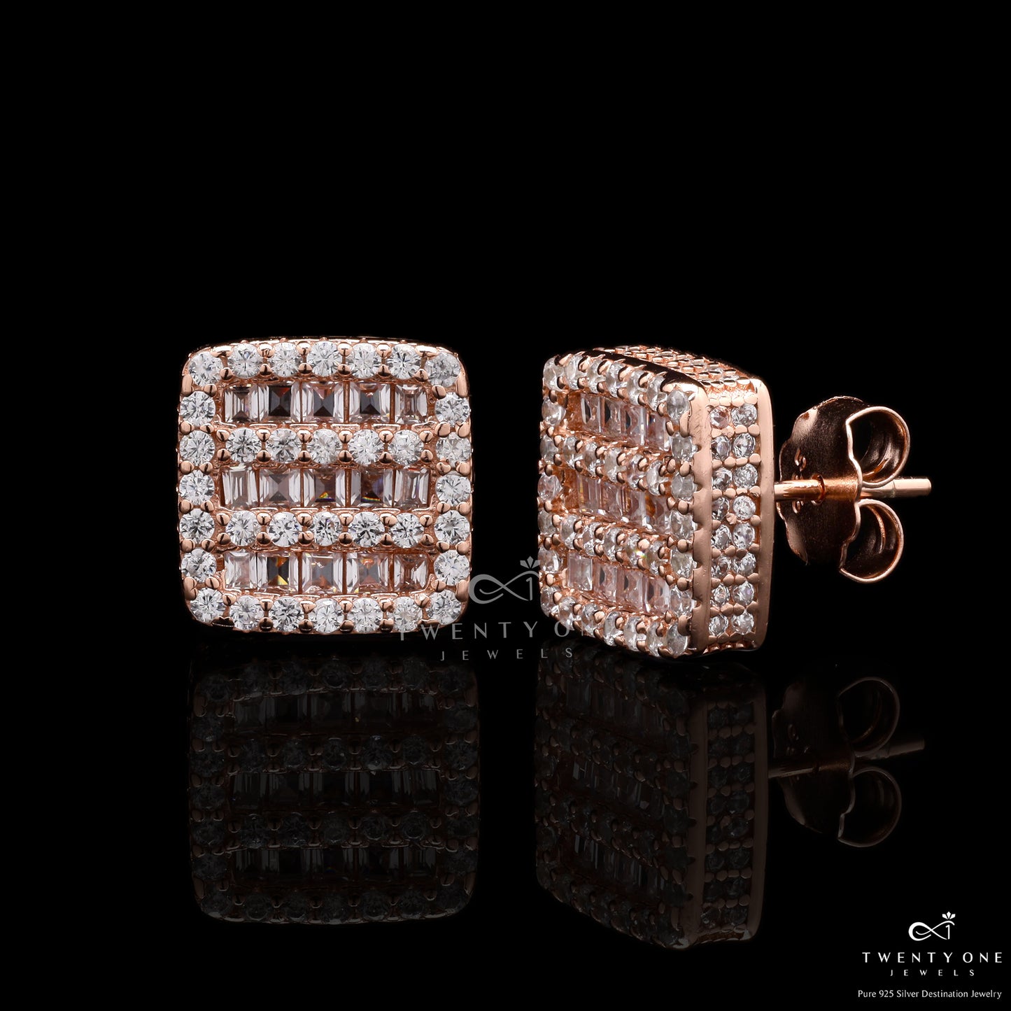 Rose Gold Alyona Studs with Diamond Baguette on 925 Silver