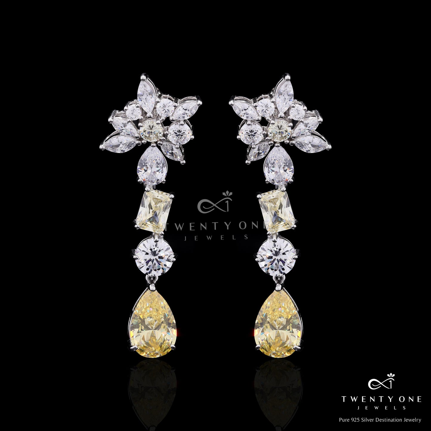 Ultra Premium Multi Shape Yellow and White Diamond Solitaire Dangler Earrings on Pure 925 Silver