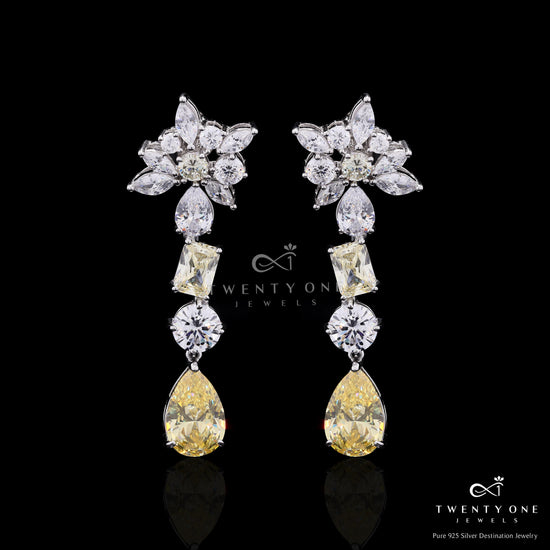 Ultra Premium Multi Shape Yellow and White Diamond Solitaire Dangler Earrings on Pure 925 Silver