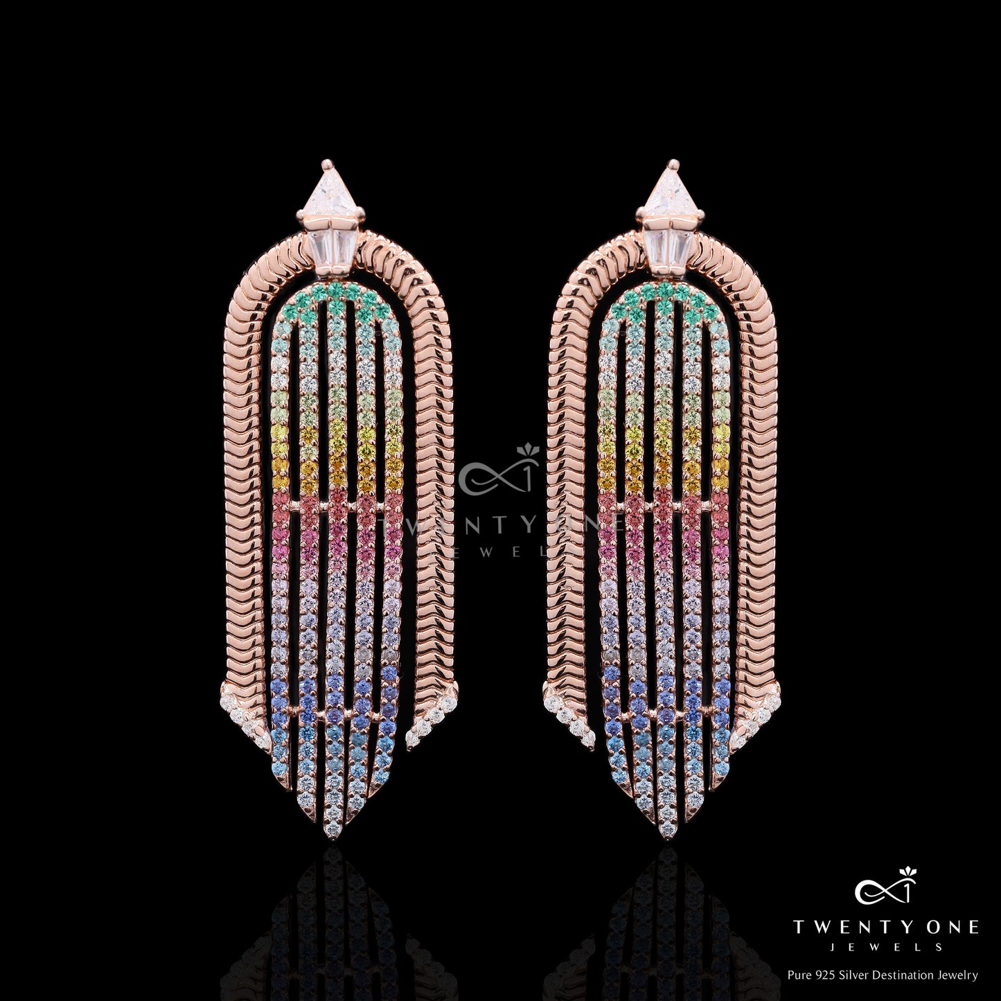 Premium Fancy Rainbow Diamond Rose Gold Finish Delina Party Earrings on Pure 925 Silver