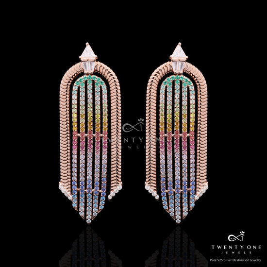 Premium Fancy Rainbow Diamond Rose Gold Finish Delina Party Earrings on Pure 925 Silver