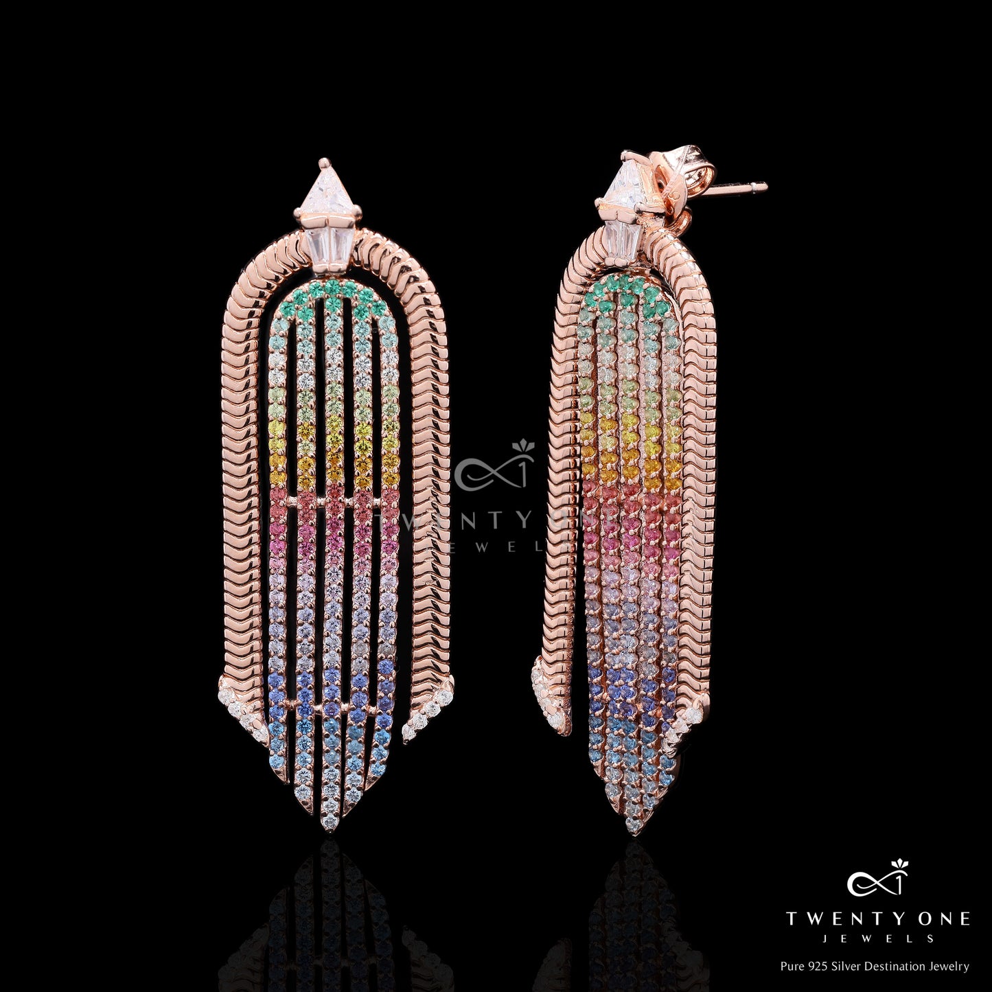 Premium Fancy Rainbow Diamond Rose Gold Finish Delina Party Earrings on Pure 925 Silver