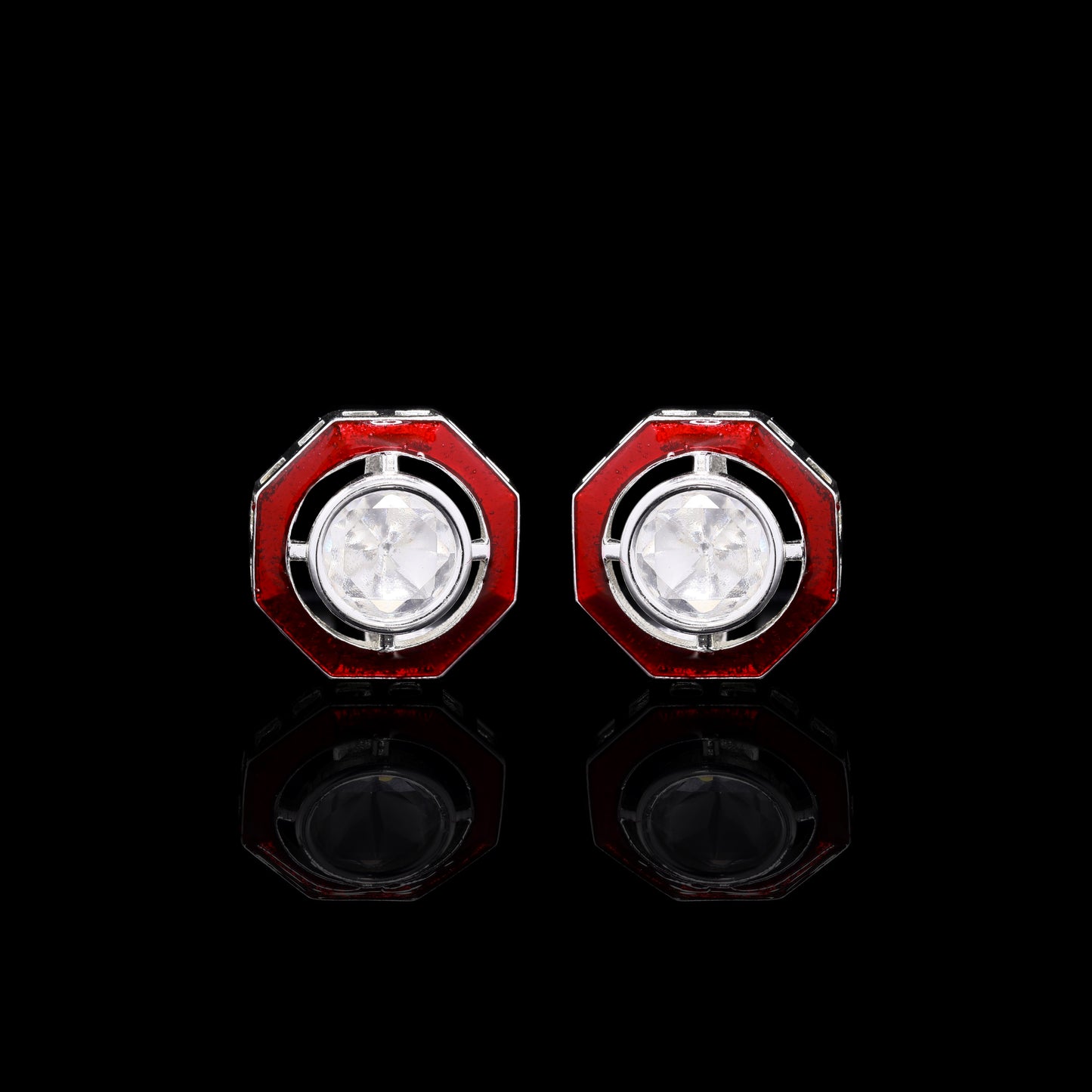 TOJ Everyday - Glazed Red Enamel Bezel Setting Polki Mens Cufflink Pair