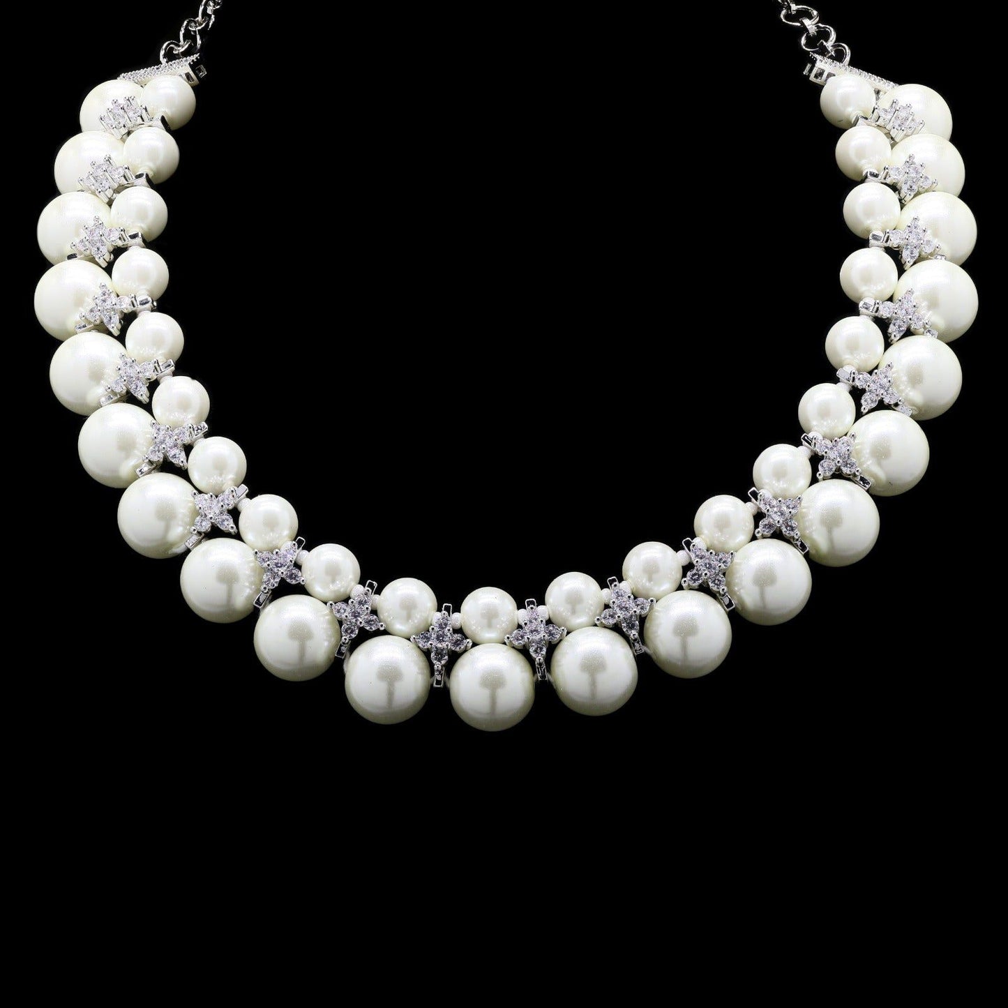 TOJ Everyday - Double Line White Natural Fresh Water Peal Necklace Set with American Diamonds for Women