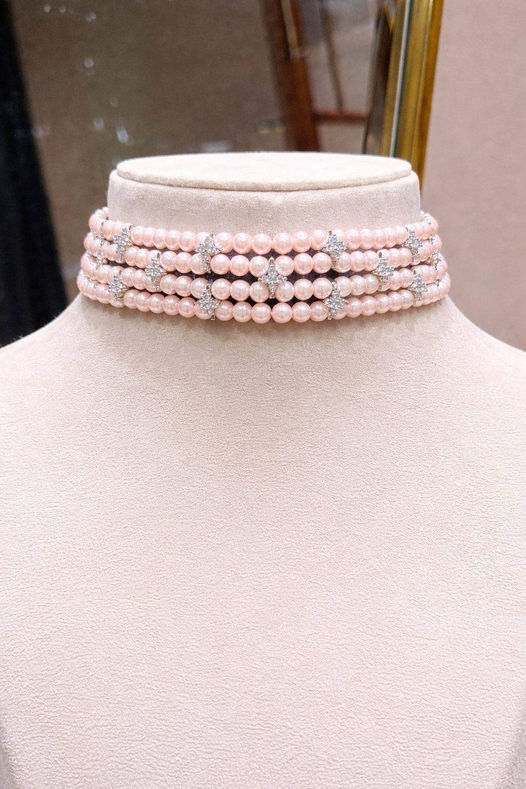 TOJ Everyday - Four Line Pink Natural Fresh Water Pearl Choker Necklace with American Diamonds for Women
