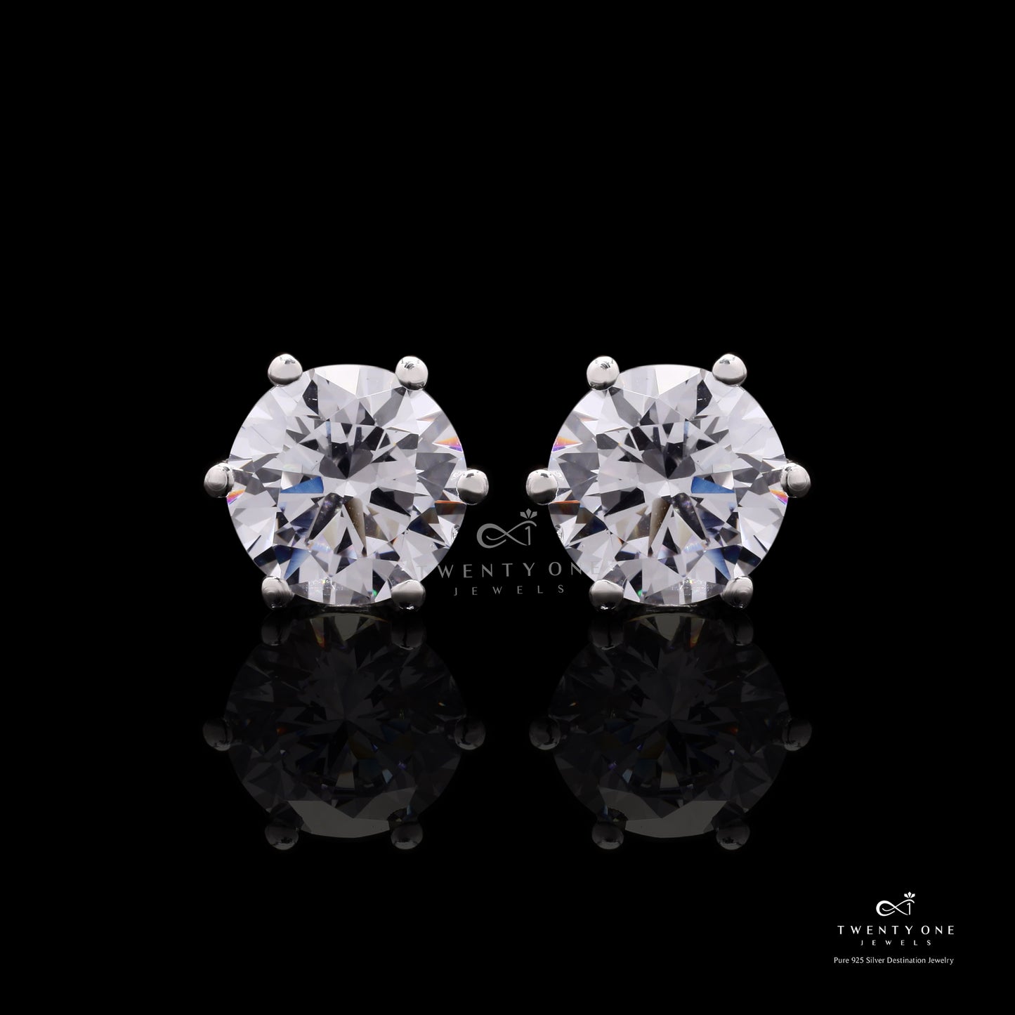 2 Carat Solitaire Studs on 925 Silver with Premium Screw Backs in White Gold Finish