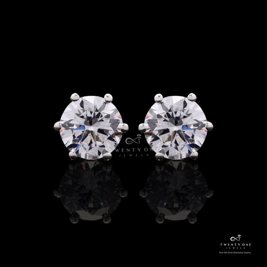 2 Carat Solitaire Studs on 925 Silver with Premium Screw Backs in White Gold Finish