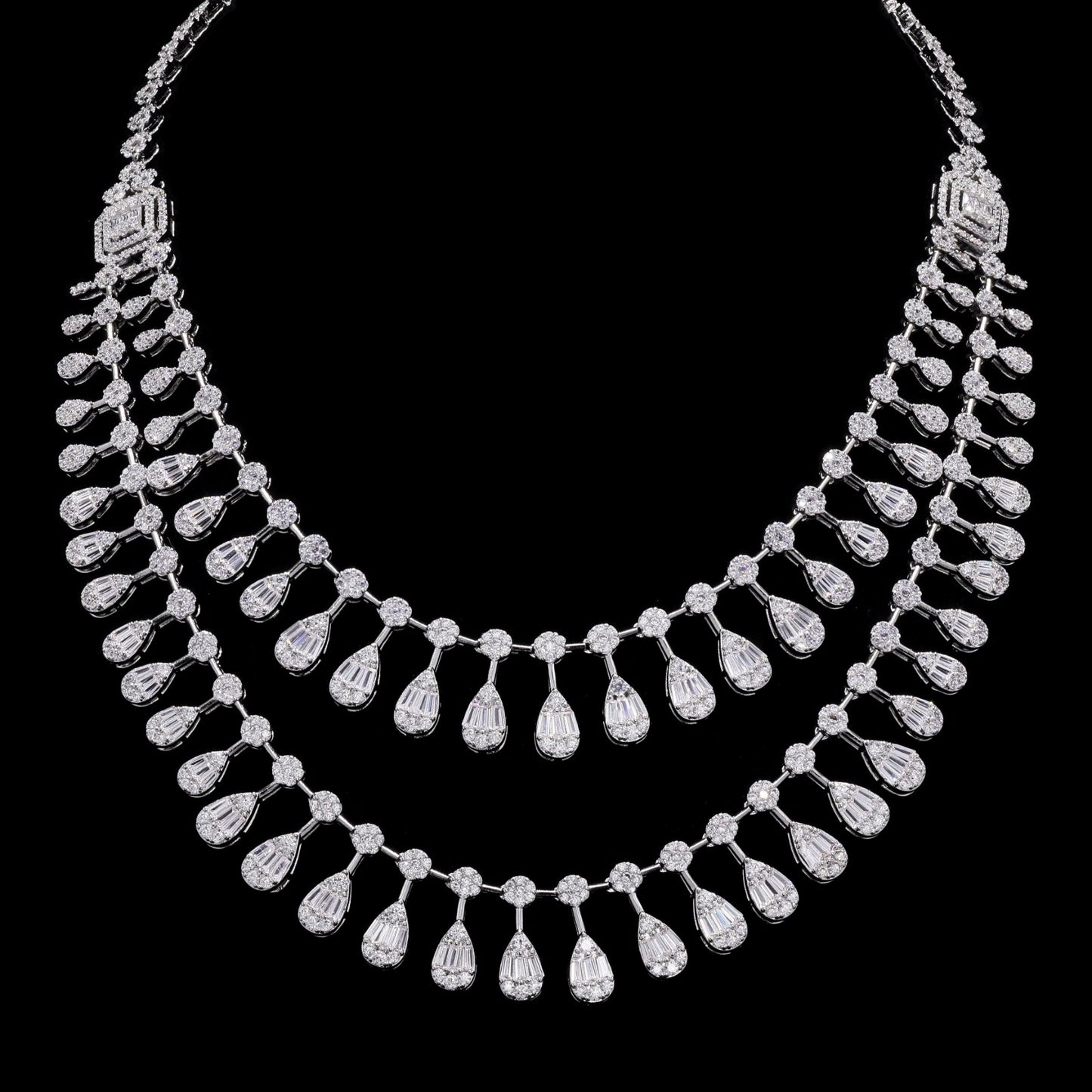 TOJ Everyday - Premium Double Layered Pressure Setting Drop Dora Necklace Set with Earrings