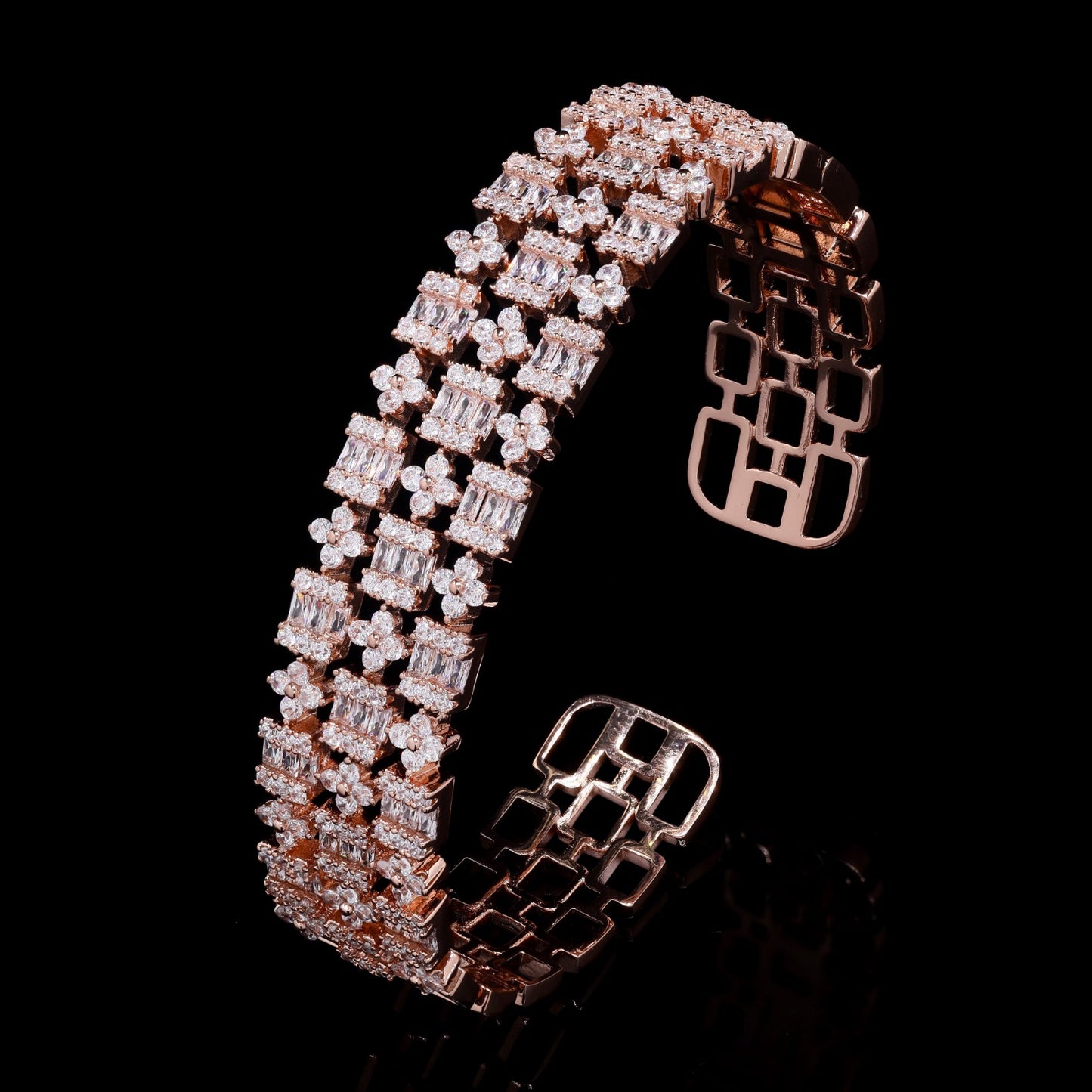 TOJ Everyday - Premium Rose Gold Finish American Diamond Baguette and Round Cut Pressure Setting Broad Bridal Openable Bracelet