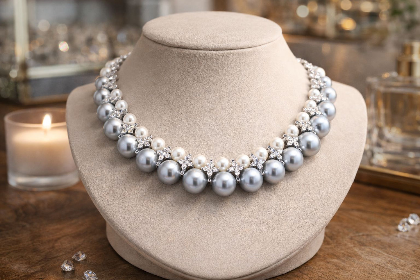TOJ Everyday - Double Layered Grey and White Natural Fresh Water Pearl Choker Necklace Set for Women