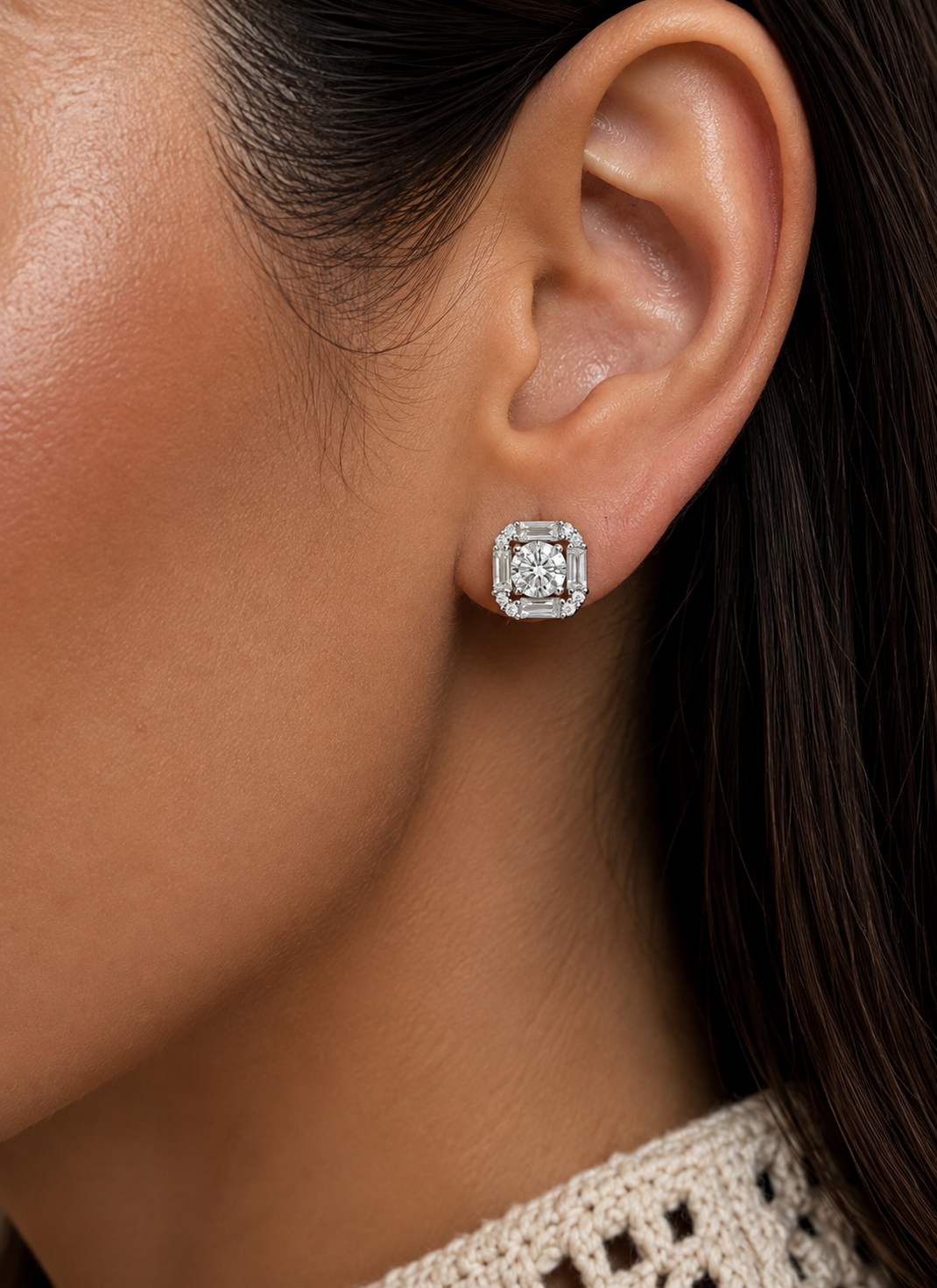 Ultra Premium Solitaire Sarai Studs with Baguette Border and Light Weight Screw Backs on Pure 925 Silver | Twenty One Jewels