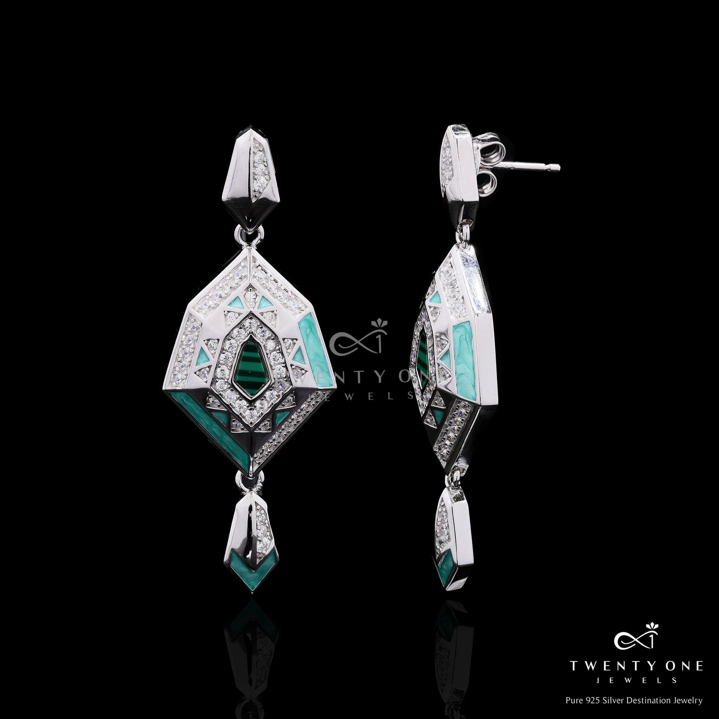 Ultra Premium Malachite and Turquoise Natural Enamel American Diamond Party Earrings on Pure 925 Silver