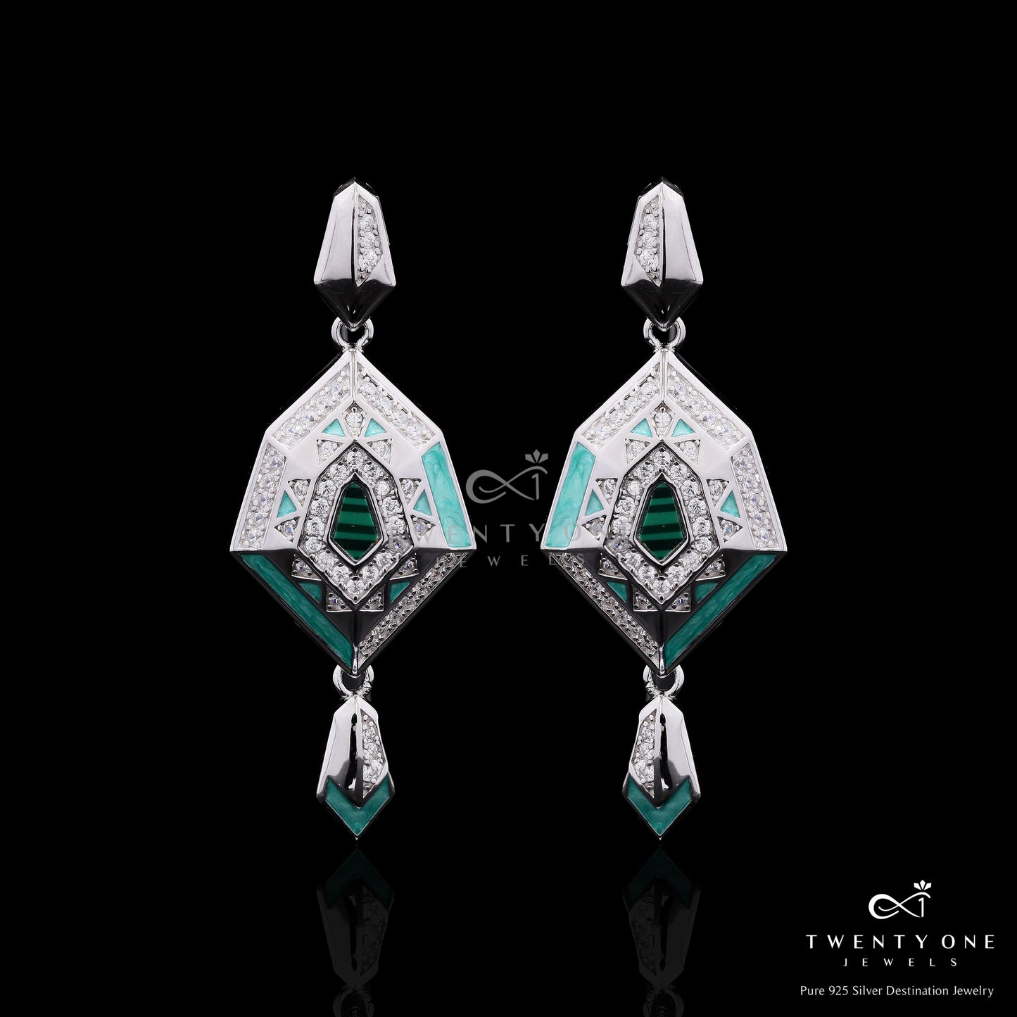 Ultra Premium Malachite and Turquoise Natural Enamel American Diamond Party Earrings on Pure 925 Silver