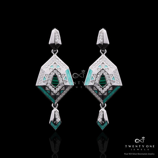 Ultra Premium Malachite and Turquoise Natural Enamel American Diamond Party Earrings on Pure 925 Silver