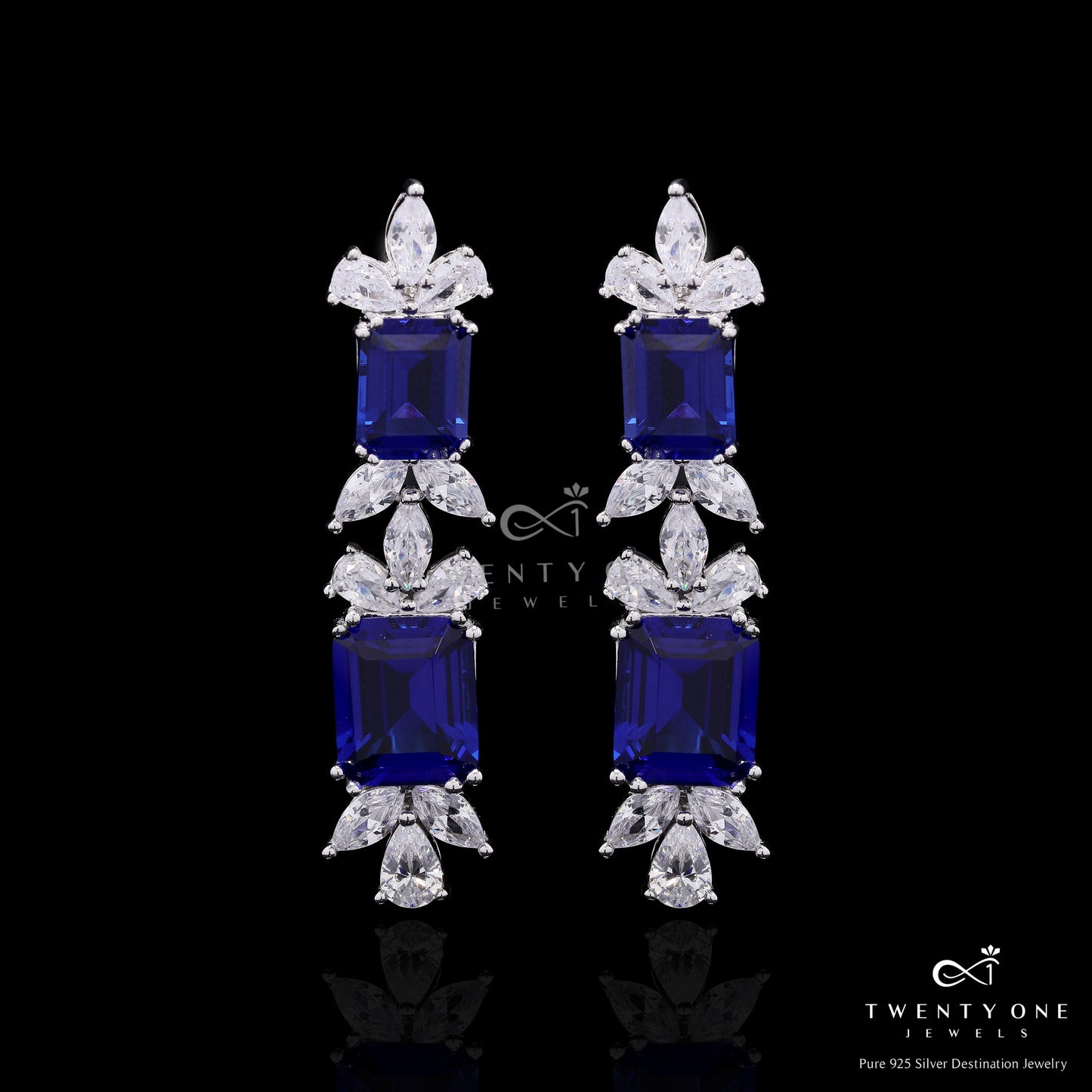 Ultra Premium Blue Sapphire Dangler Earrings with Marquise and Drop Solitaires on Pure 925 Silver