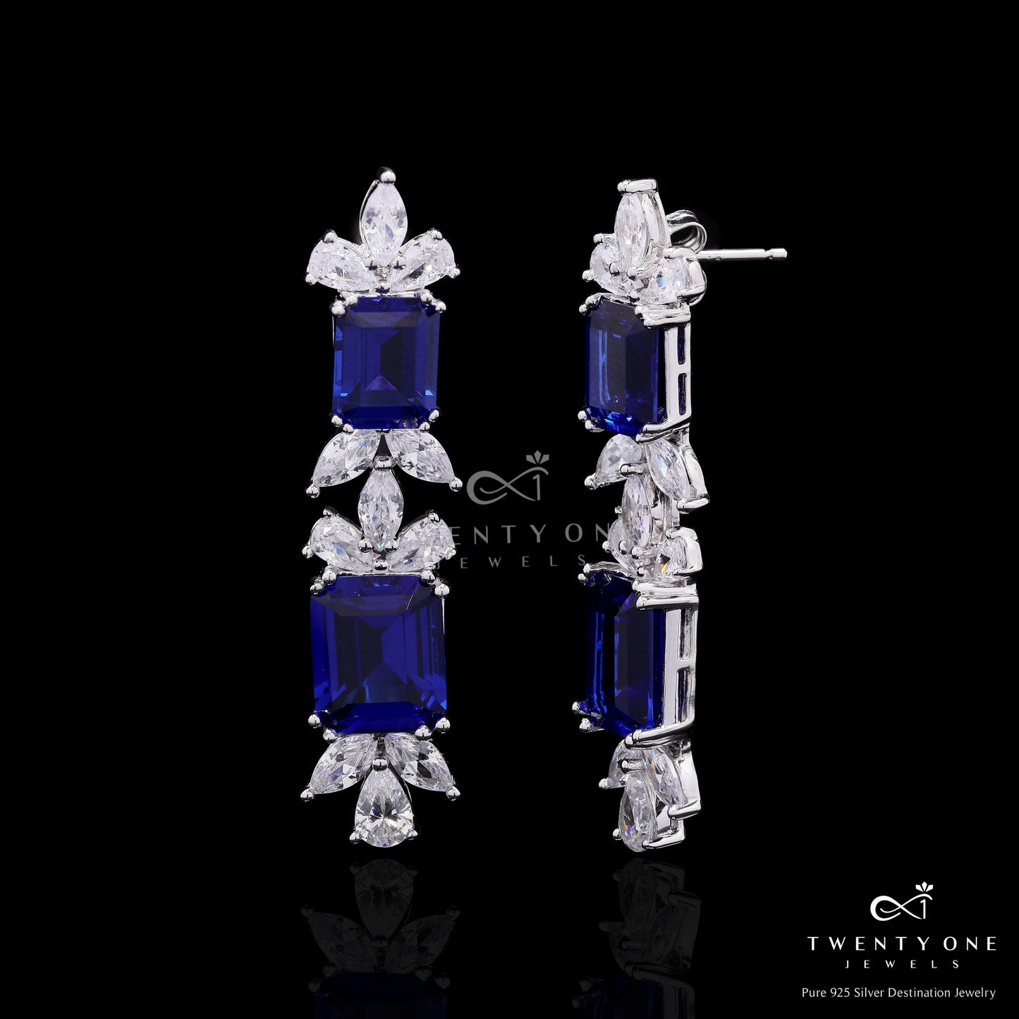 Ultra Premium Blue Sapphire Dangler Earrings with Marquise and Drop Solitaires on Pure 925 Silver