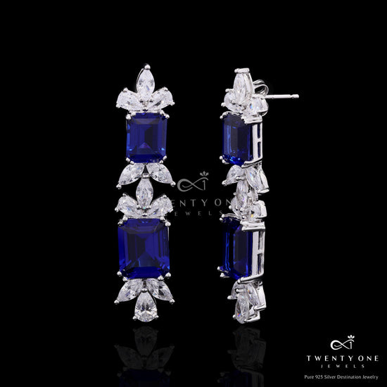Ultra Premium Blue Sapphire Dangler Earrings with Marquise and Drop Solitaires on Pure 925 Silver