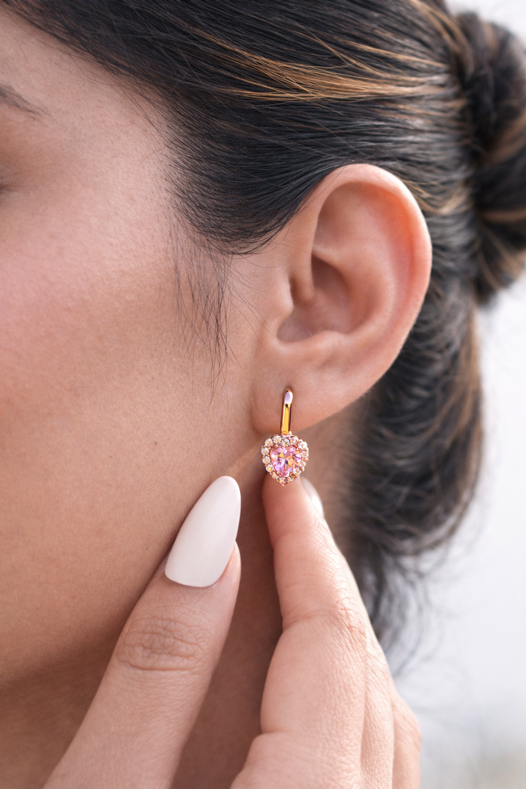Valentines Exclusive Queenie Pink Heart Solitaire with Diamond Border Rose Gold Huggie Style Earrings on Pure 925 Silver