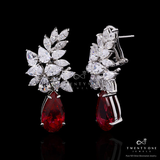 Ultra Premium Drop and Marquise Solitaire Cluster Bunch Danglers with Deep Pink Hydro Ruby on Pure 925 Silver.