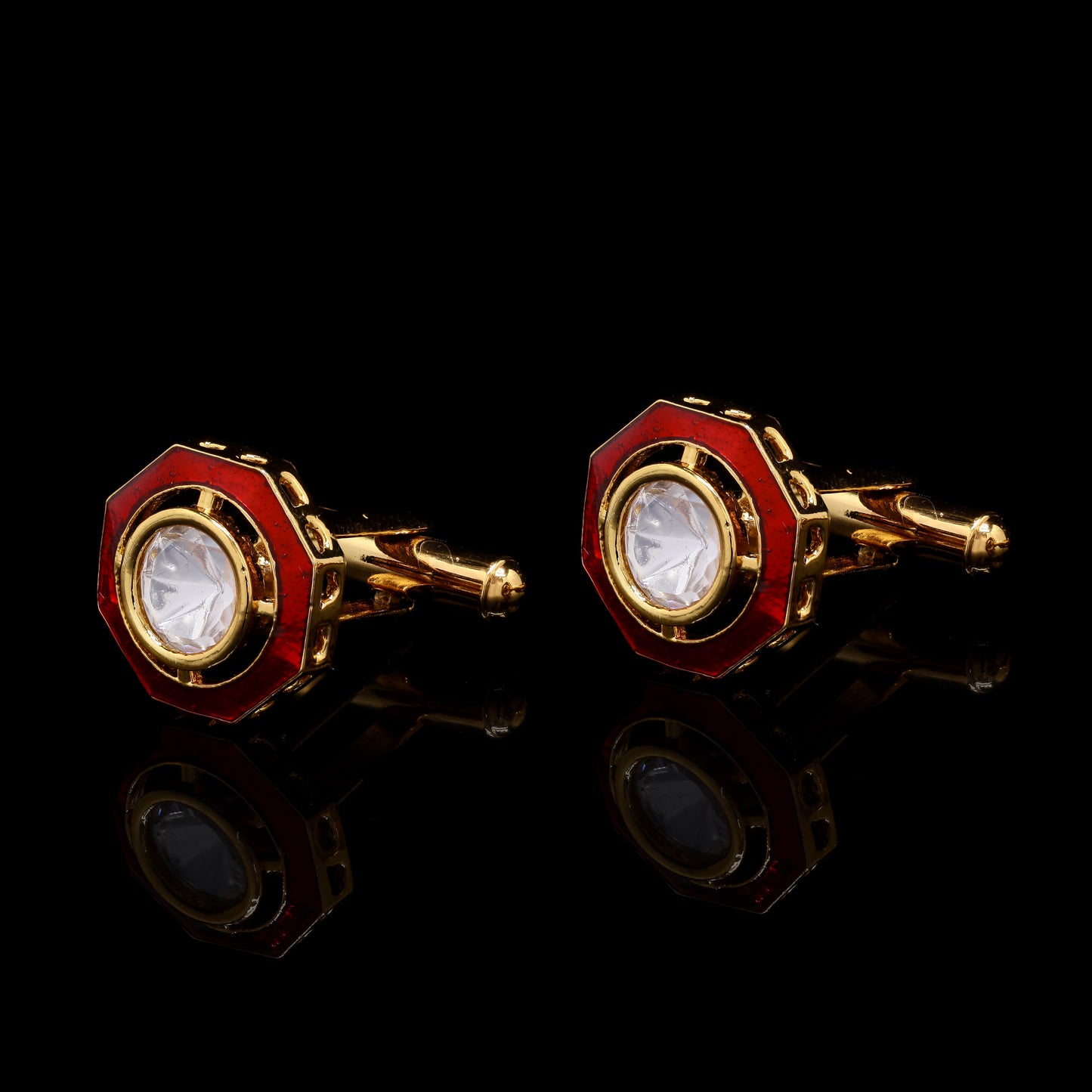 Red Enamel Bezel Setting Polki Diamond Mens Cuff Link Pair Success