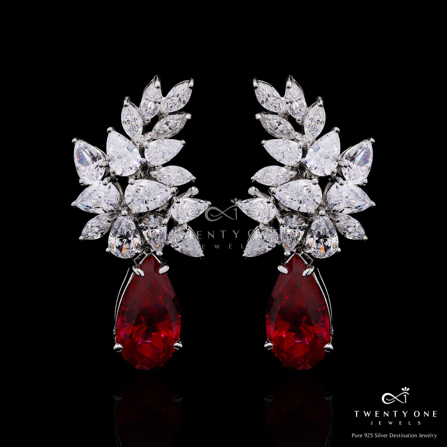 Ultra Premium Drop and Marquise Solitaire Cluster Bunch Danglers with Deep Pink Hydro Ruby on Pure 925 Silver.