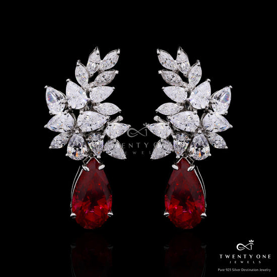 Ultra Premium Drop and Marquise Solitaire Cluster Bunch Danglers with Deep Pink Hydro Ruby on Pure 925 Silver.