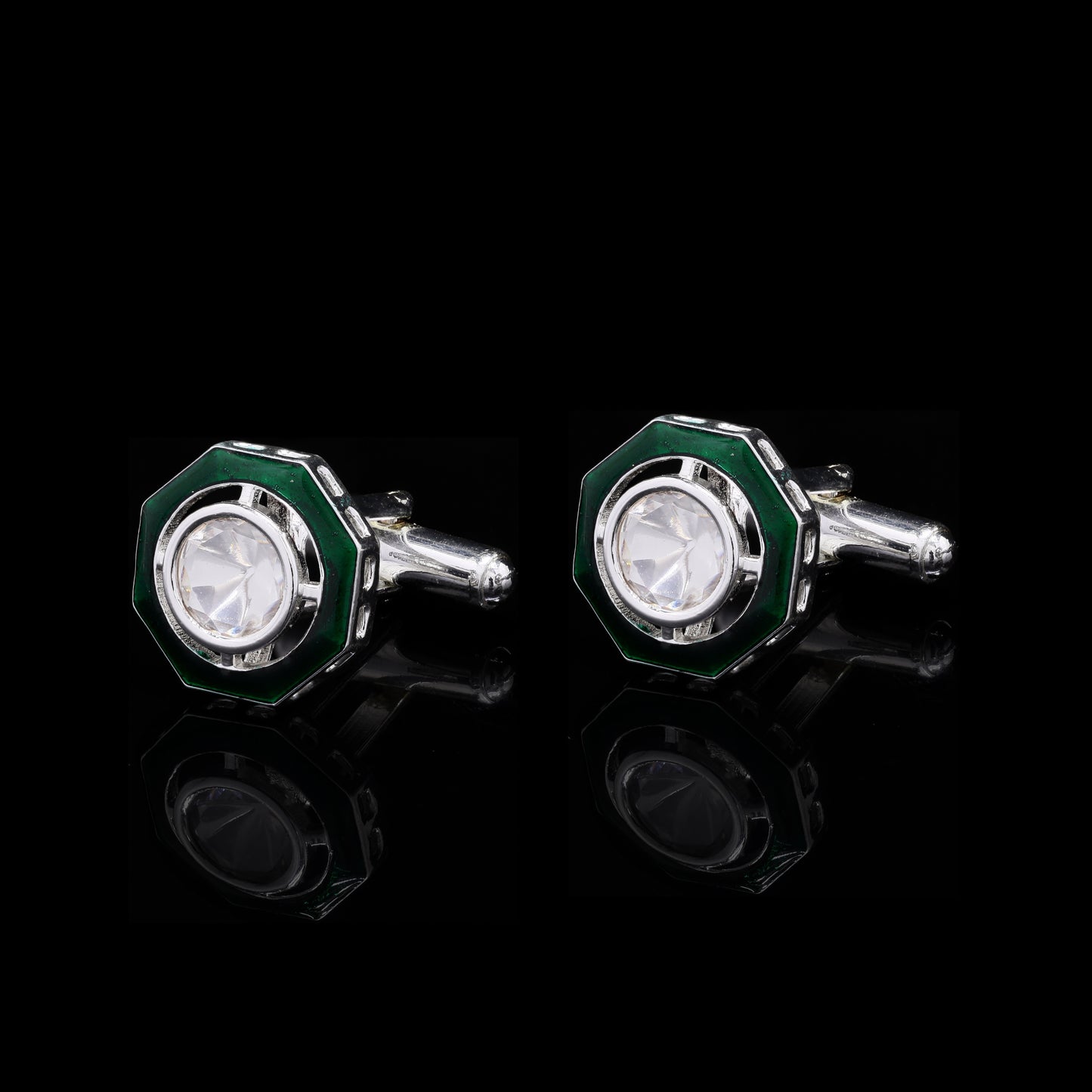 Green Enamel Bezel Setting Diamond White Gold Finish Mens Cuff Links Success