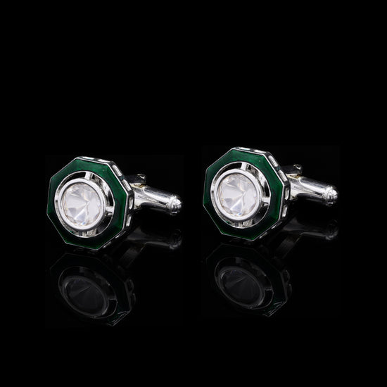 Green Enamel Bezel Setting Diamond White Gold Finish Mens Cuff Links Success